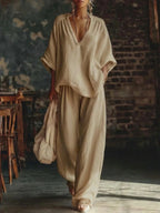 Khaki Women's Wide Leg Two-Piece Set — Maisie V-Neck Linen Relaxed - Front Walking