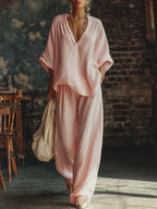 Pink Women's Wide Leg Two-Piece Set — Maisie V-Neck Linen Relaxed - Front Full