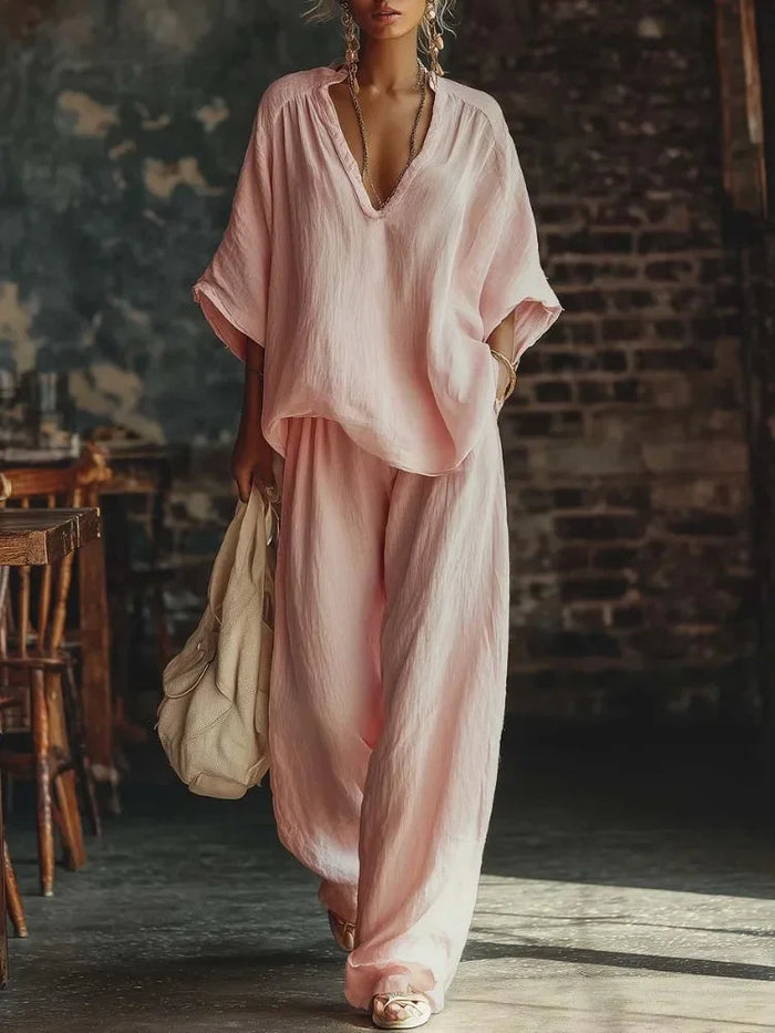 Pink Women's Wide Leg Two-Piece Set — Maisie V-Neck Linen Relaxed - Front Full