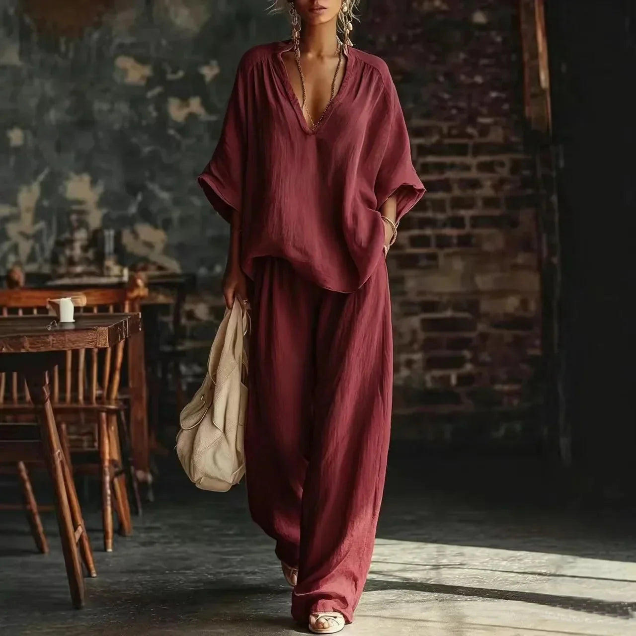 Red Women's Wide Leg Two-Piece Set — Maisie V-Neck Linen Relaxed - Side Pose