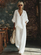 White Women's Wide Leg Two-Piece Set — Maisie V-Neck Linen Relaxed - Sunlit Pose