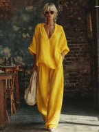 Yellow Women's Wide Leg Two-Piece Set — Maisie V-Neck Linen Relaxed - Outdoor Pose