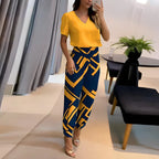 Yellow Women's V-Neck Wide Leg Two Piece Set — Edie Rayon Puff Sleeve Wrap Waist - Front Full Mirror Selfie