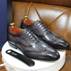 Gray Men's Wingtip Oxford Dress Shoes — Hugo Lace-Up Leather Brogue - Front Pair Stand