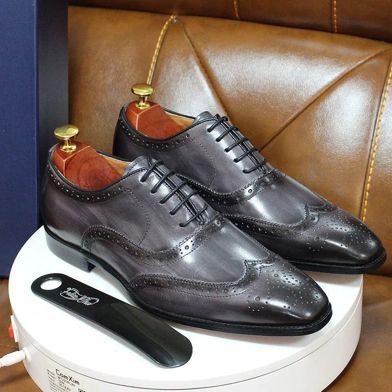 Gray Men's Wingtip Oxford Dress Shoes — Hugo Lace-Up Leather Brogue - Front Pair Stand