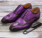 Purple Men's Wingtip Oxford Dress Shoes — Hugo Lace-Up Leather Brogue - Front Pair Wood Floor