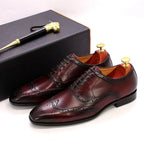 Red Men's Wingtip Oxford Dress Shoes — Hugo Lace-Up Leather Brogue - Front Full With Box
