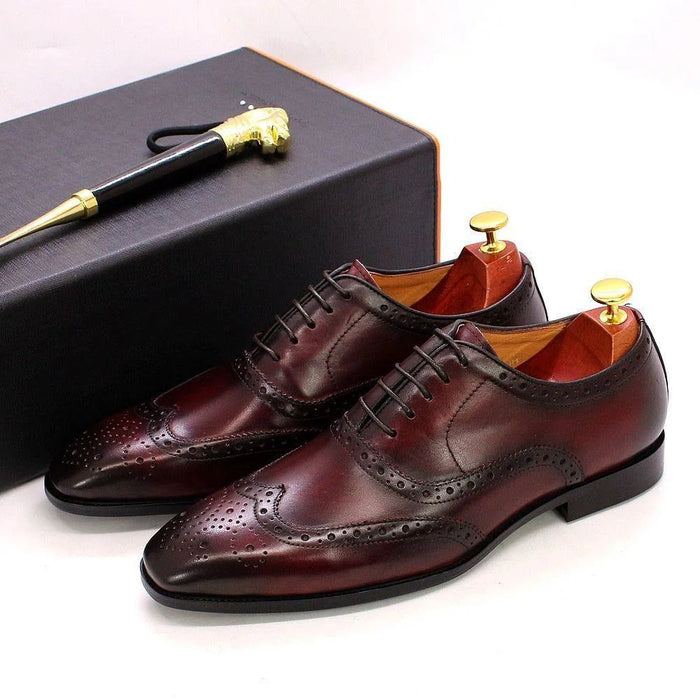 Red Men's Wingtip Oxford Dress Shoes — Hugo Lace-Up Leather Brogue - Front Full With Box