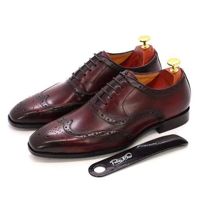 Red Men's Wingtip Oxford Dress Shoes — Hugo Lace-Up Leather Brogue - Front Pair White Background