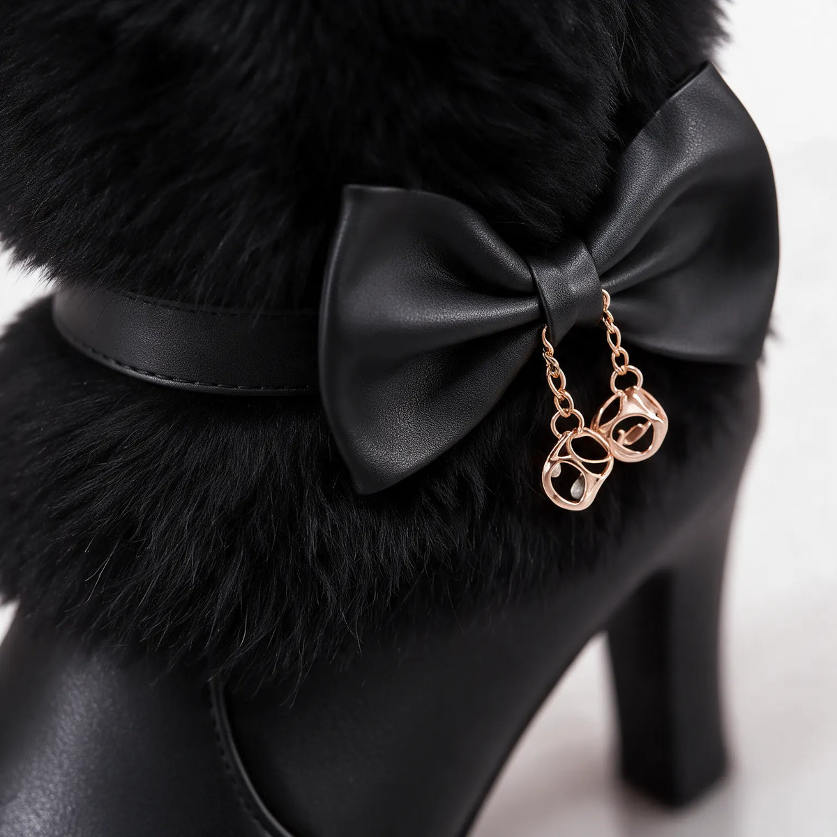 Women's Winter Ankle Boots with Faux Fur Trim & Platform Heel - Close Up Charm Detail