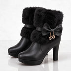 Black Women's Winter Ankle Boots with Faux Fur Trim & Platform Heel - Front Full Studio