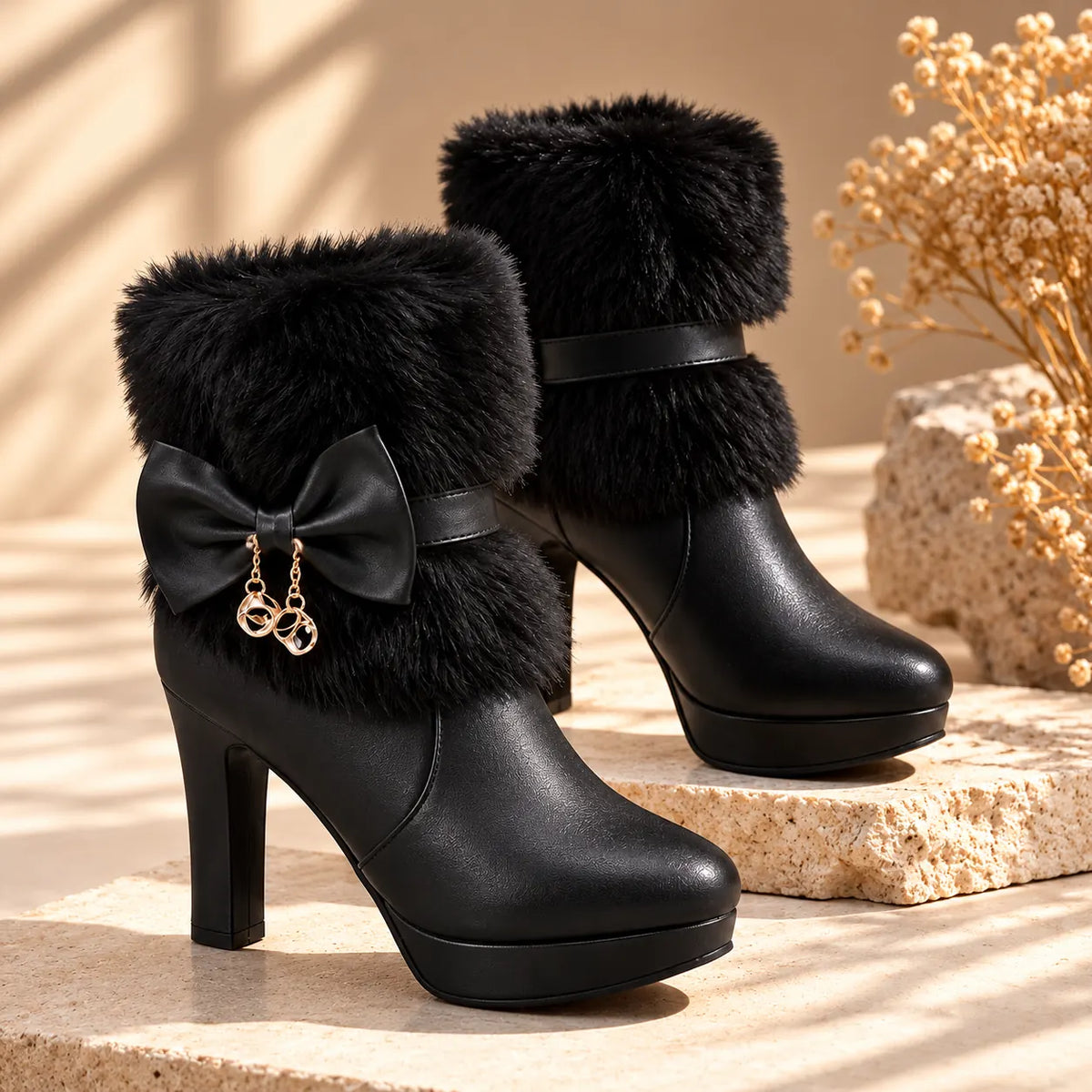 Women's Winter Ankle Boots with Faux Fur Trim & Platform Heel - Side Angle