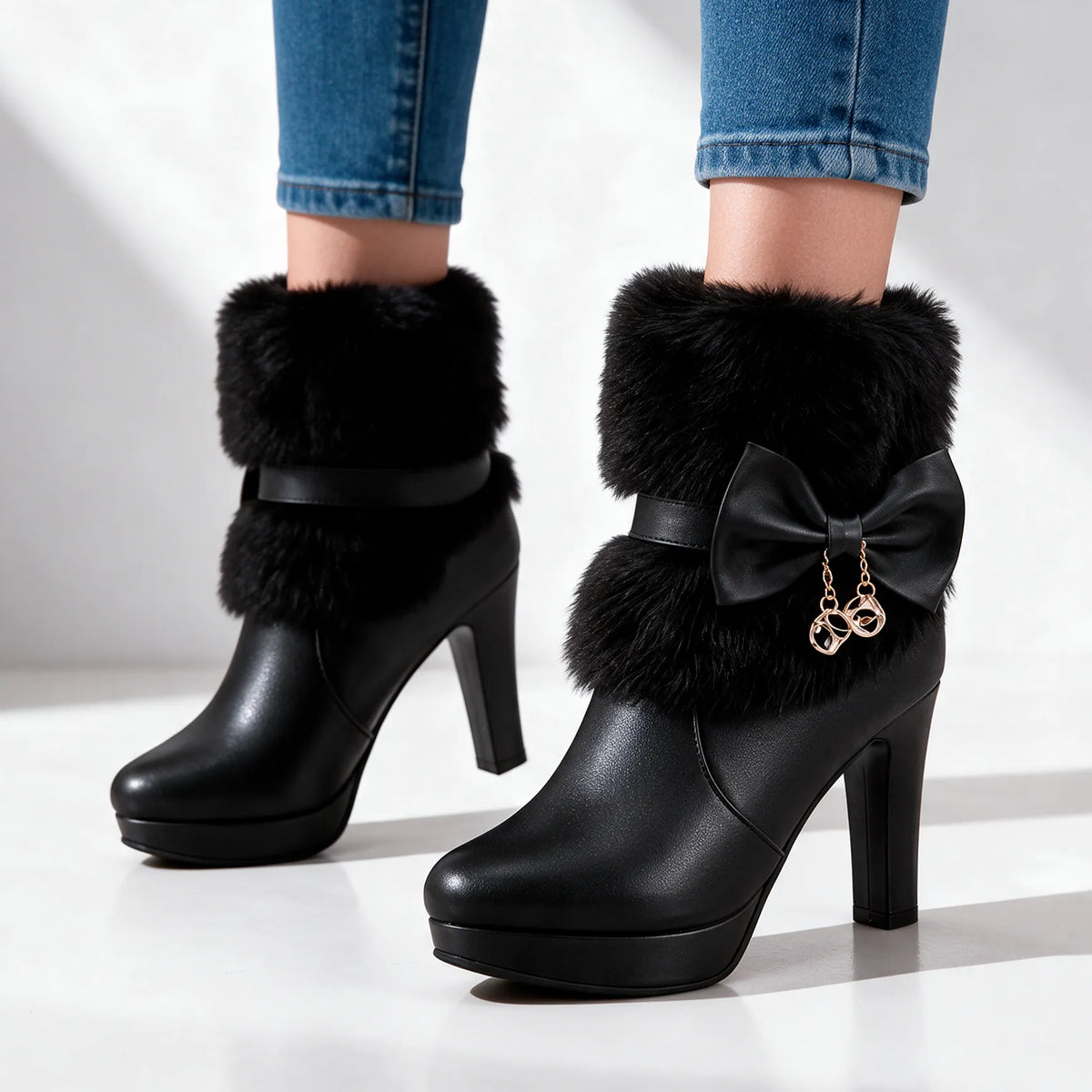 Women's Winter Ankle Boots with Faux Fur Trim & Platform Heel