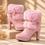 Women's Winter Ankle Boots with Faux Fur Trim & Platform Heel - Side Pose