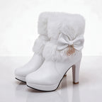 White Women's Winter Ankle Boots with Faux Fur Trim & Platform Heel - Front Full