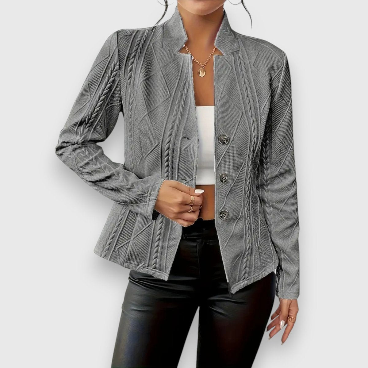 Women's Cable Knit Mock Neck Sweater with Button-Front Detail — Yasmin