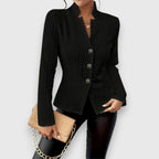Black Women's Cable Knit Mock Neck Sweater with Button-Front Detail