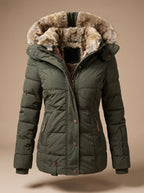 Green Women's Faux Fur Hooded Puffer Coat with Zip Front & Cinched Waist