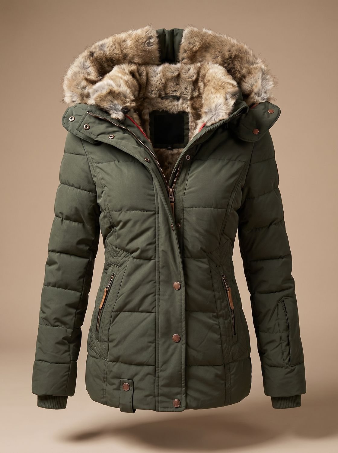 Green Women's Faux Fur Hooded Puffer Coat with Zip Front & Cinched Waist