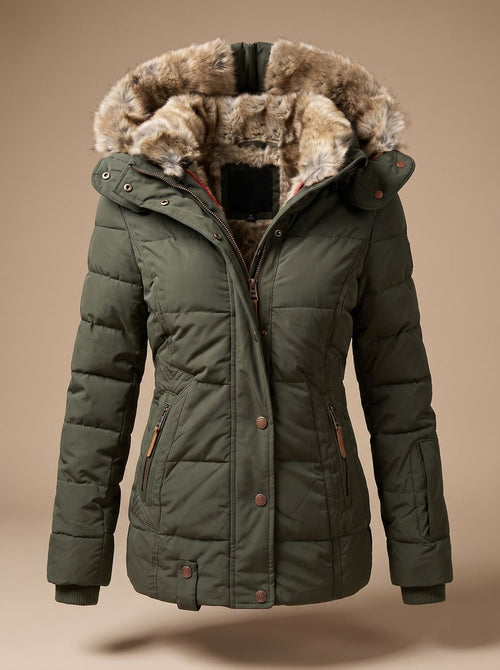 Green Women's Faux Fur Hooded Puffer Coat with Zip Front & Cinched Waist
