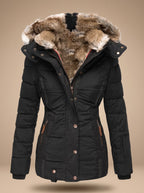Black Women's Faux Fur Hooded Puffer Coat with Zip Front & Cinched Waist