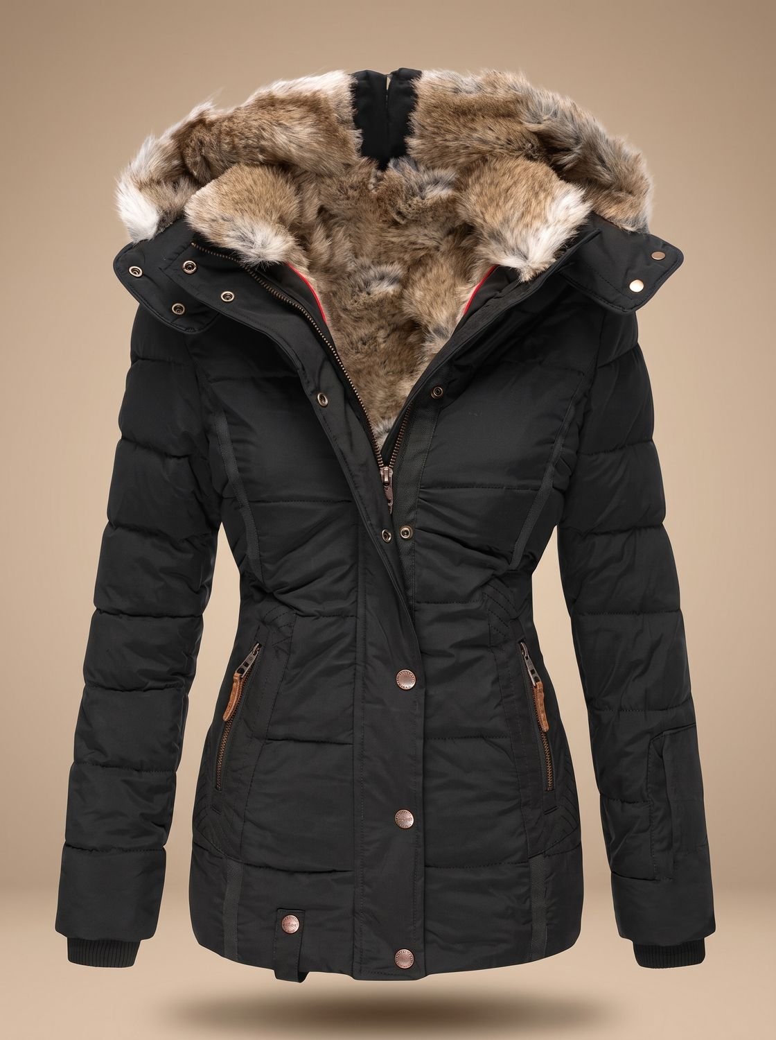 Black Women's Faux Fur Hooded Puffer Coat with Zip Front & Cinched Waist