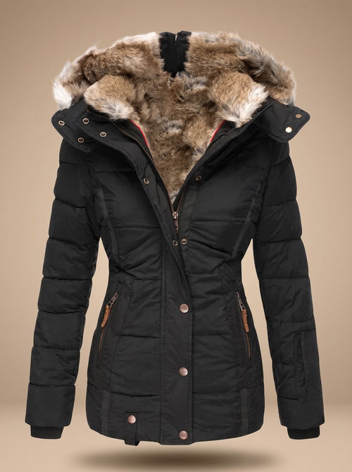 Black Women's Faux Fur Hooded Puffer Coat with Zip Front & Cinched Waist