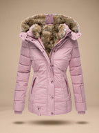Pink Women's Faux Fur Hooded Puffer Coat with Zip Front & Cinched Waist