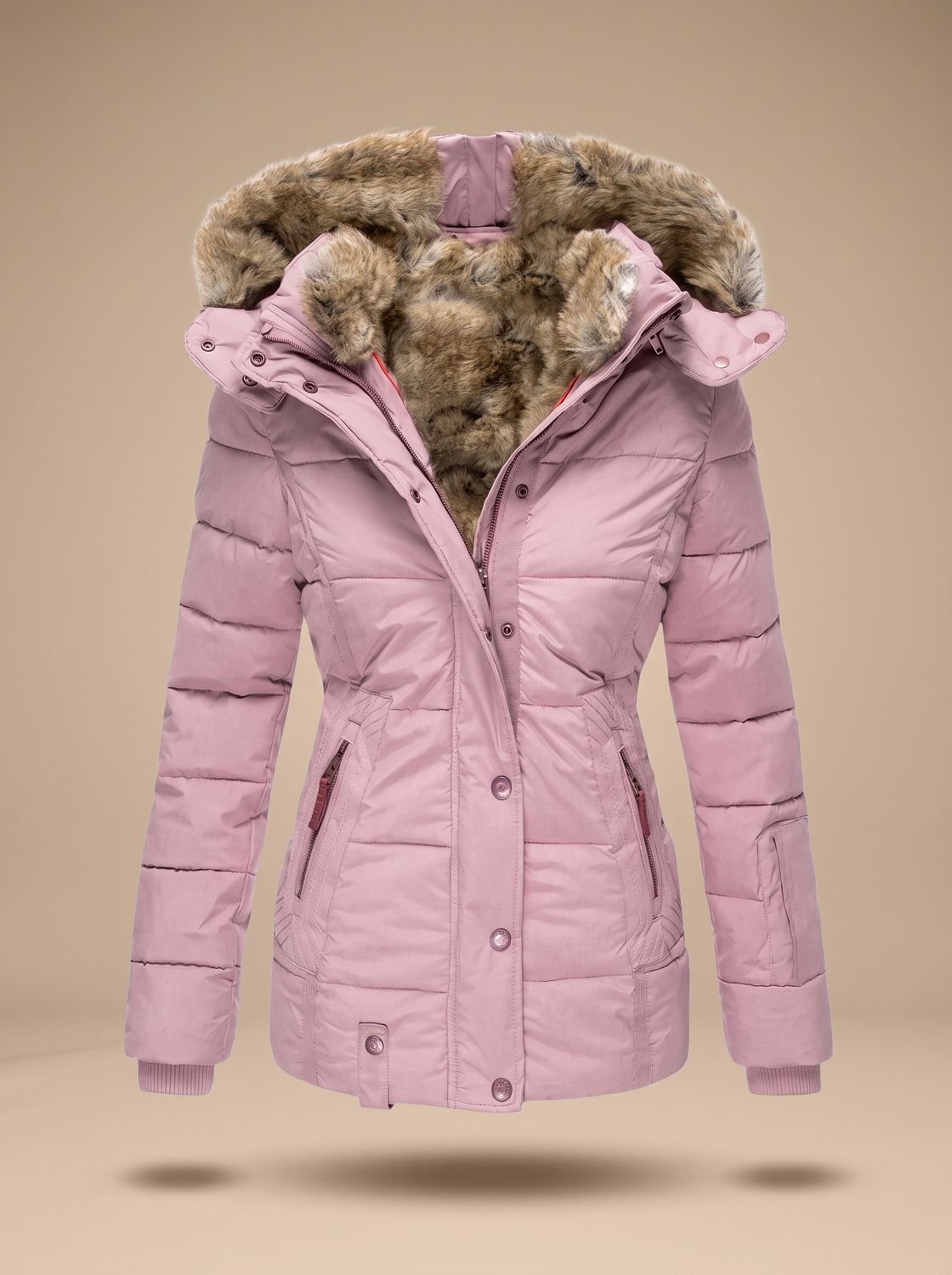 Pink Women's Faux Fur Hooded Puffer Coat with Zip Front & Cinched Waist