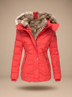 Red Women's Faux Fur Hooded Puffer Coat with Zip Front & Cinched Waist