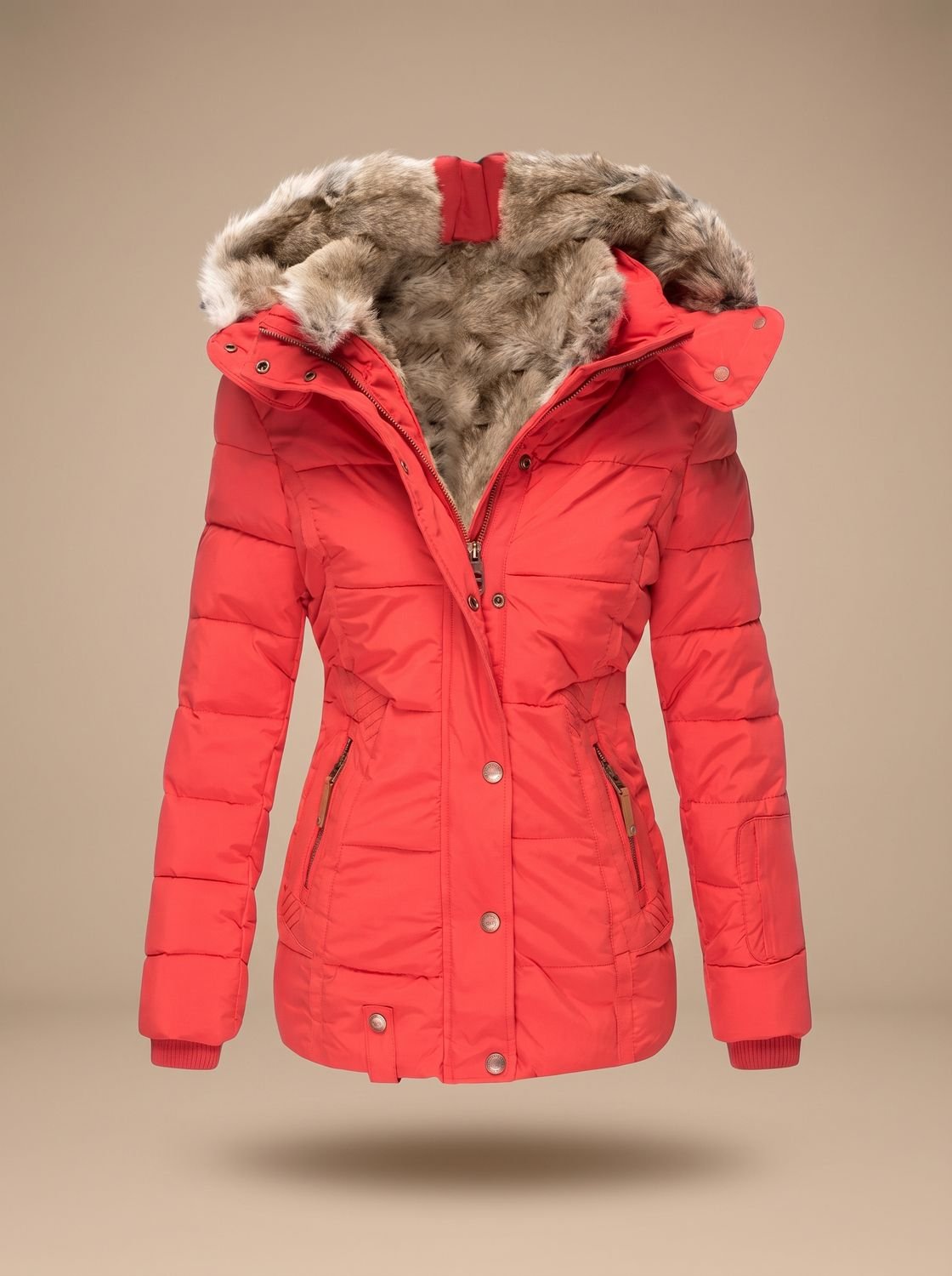 Red Women's Faux Fur Hooded Puffer Coat with Zip Front & Cinched Waist