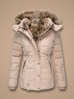Beige Women's Faux Fur Hooded Puffer Coat with Zip Front & Cinched Waist