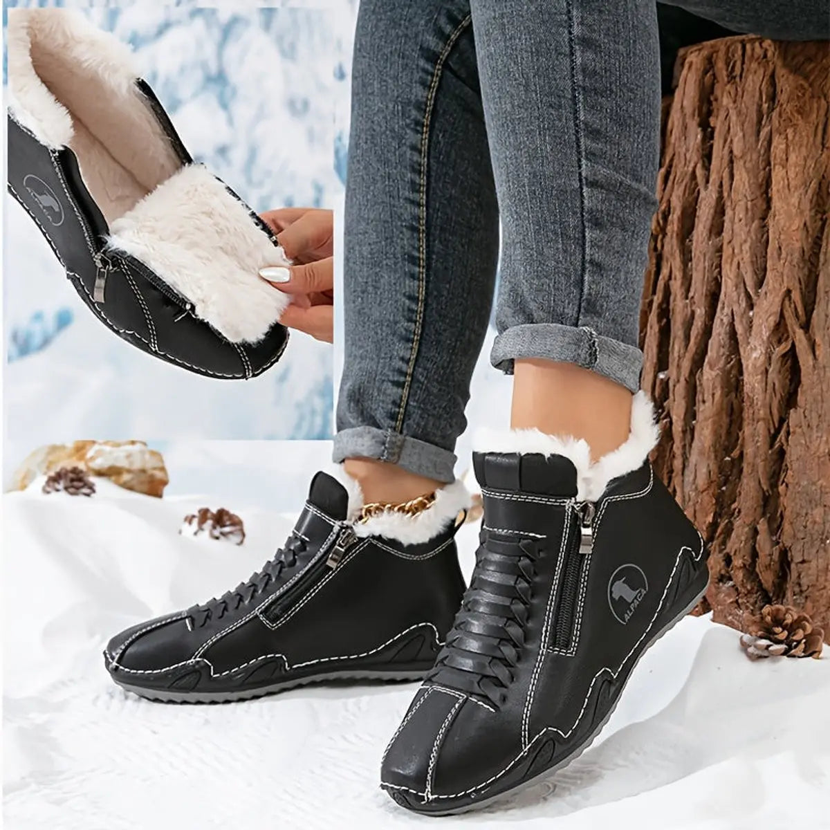 Women's Faux Fur Lined Winter Ankle Boots with Zip-Up Closure — Grace