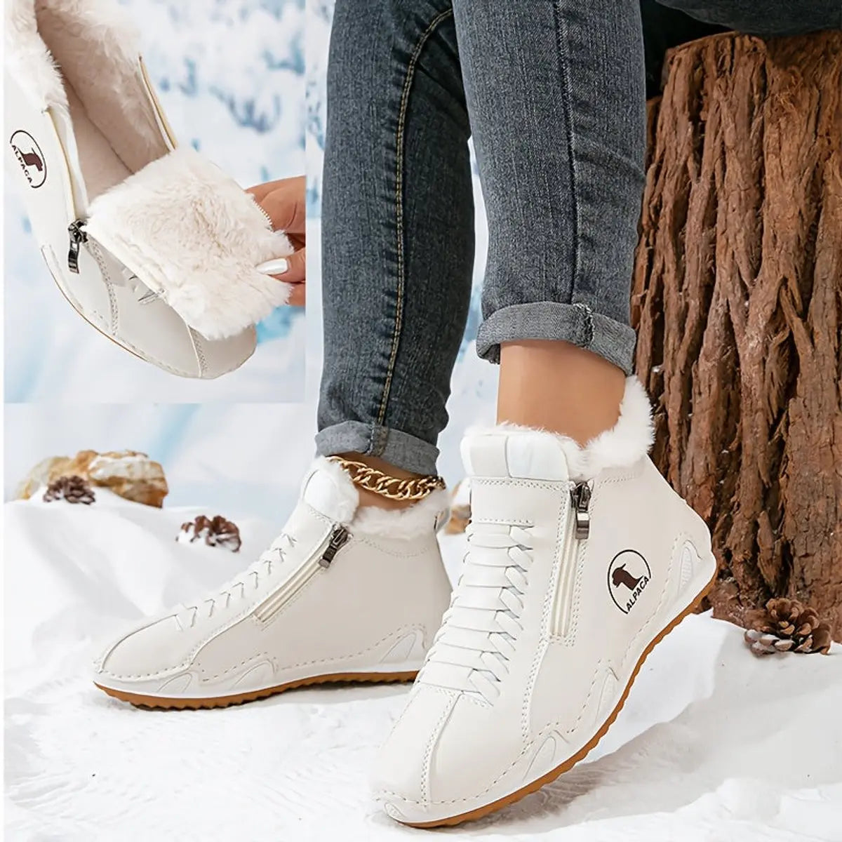 White Women's Faux Fur Lined Winter Ankle Boots with Zip-Up Closure