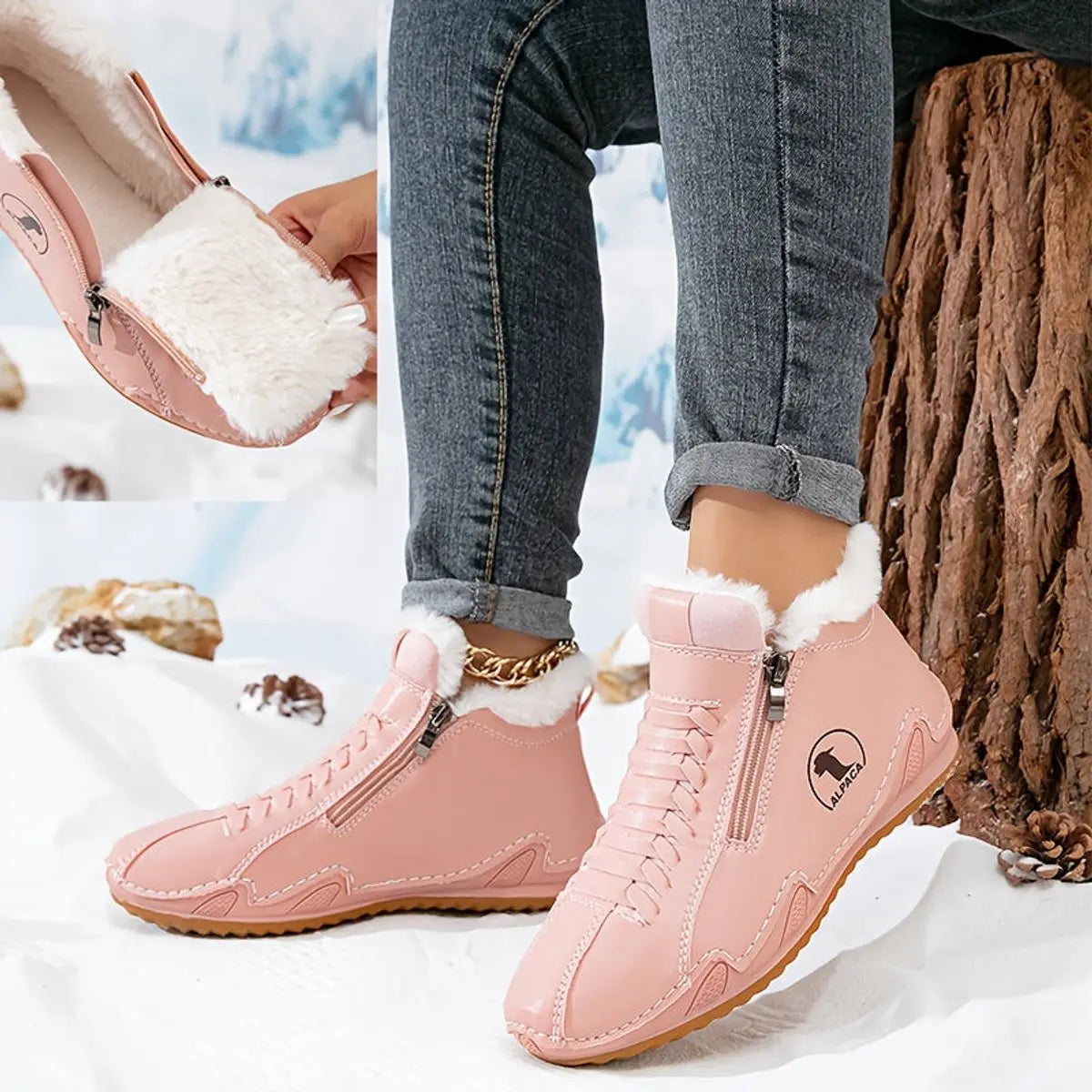 Women's Faux Fur Lined Winter Ankle Boots with Zip-Up Closure — Grace