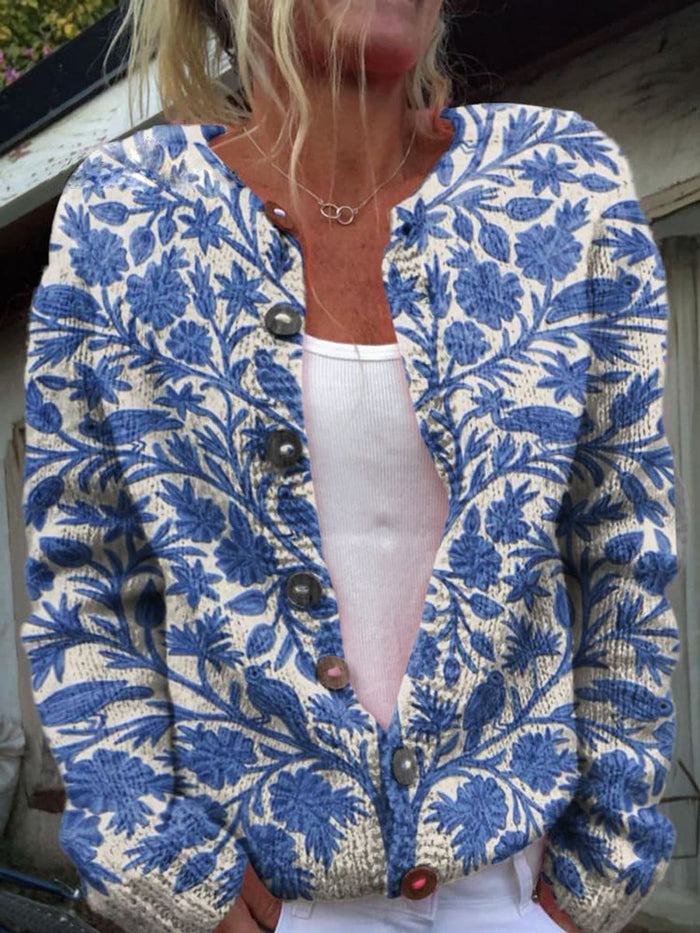 Women's Floral Embroidered Knit Cardigan with Button-Front Closure — Pia