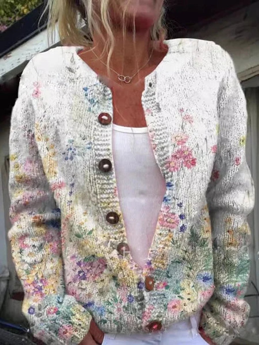 Women's Floral Embroidered Knit Cardigan with Button-Front Closure — Pia