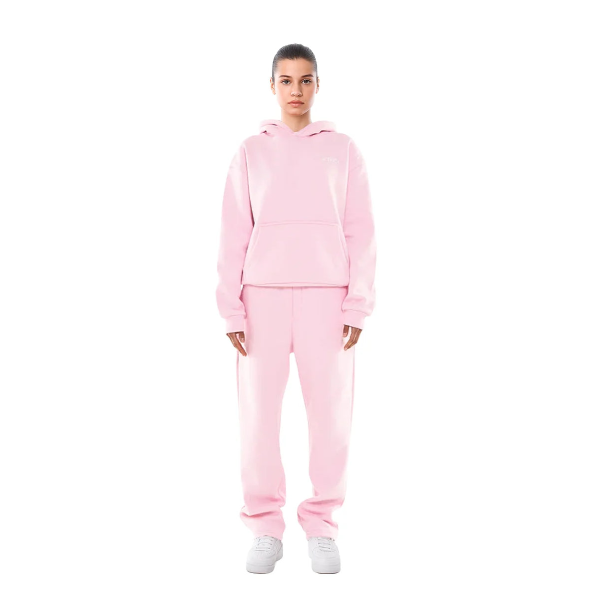 Light Pink Women's Fleece Tracksuit with Hooded Sweatshirt & Jogger Pants — Iris - Front Pose