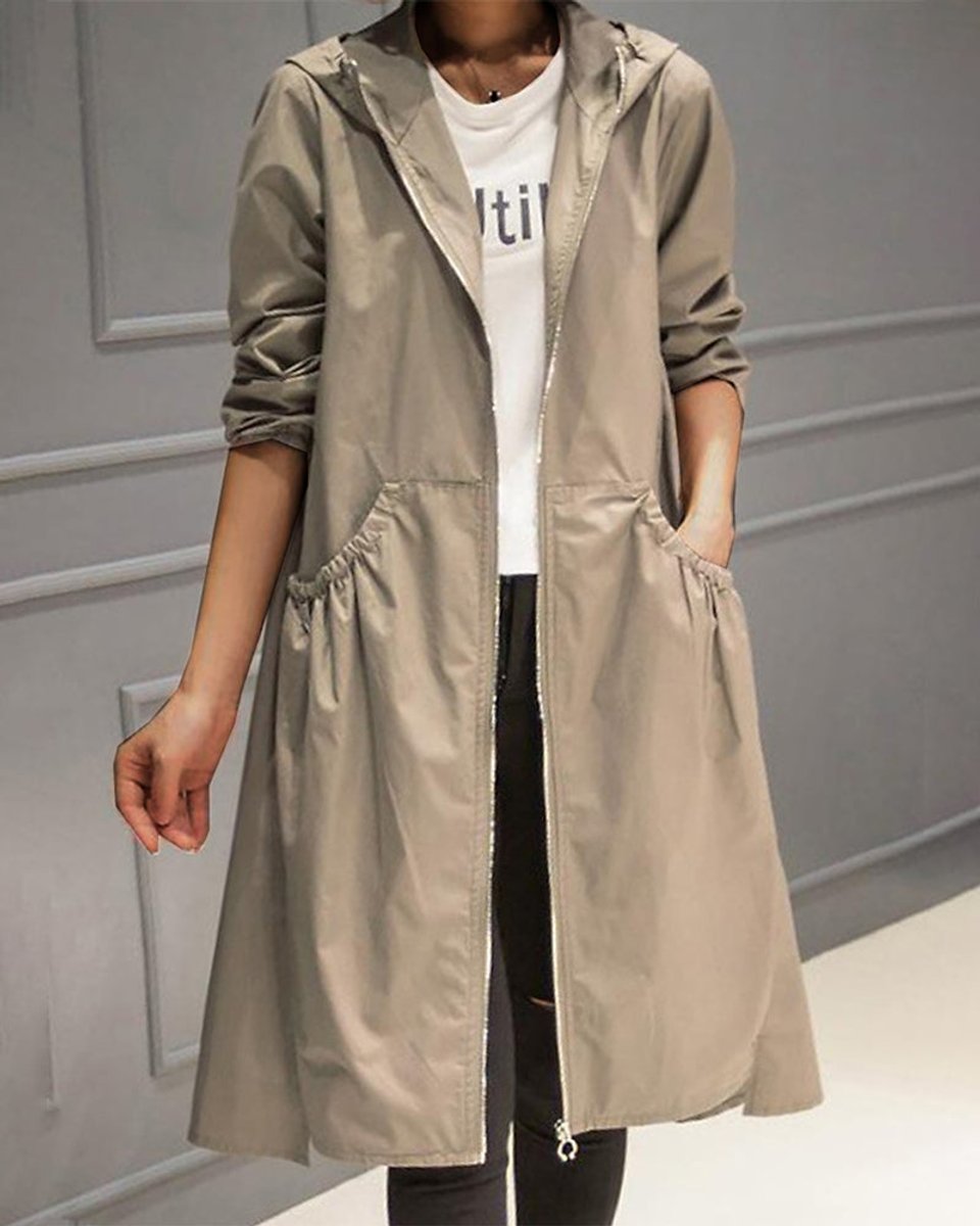 Women's Hooded Waterproof Long Trench Coat with Relaxed A-Line Fit — Lola