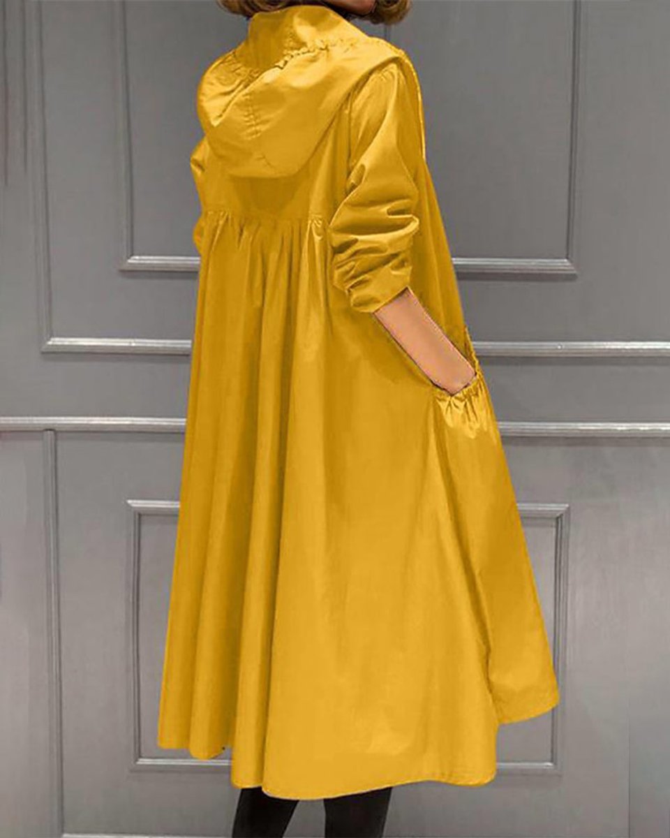 Yellow Women's Hooded Waterproof Long Trench Coat with Relaxed A-Line Fit
