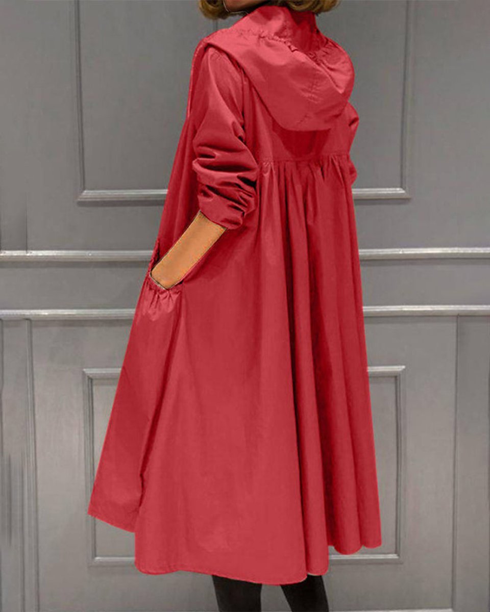 Red Women's Hooded Waterproof Long Trench Coat with Relaxed A-Line Fit