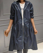 Navy Blue Women's Hooded Waterproof Long Trench Coat with Relaxed A-Line Fit