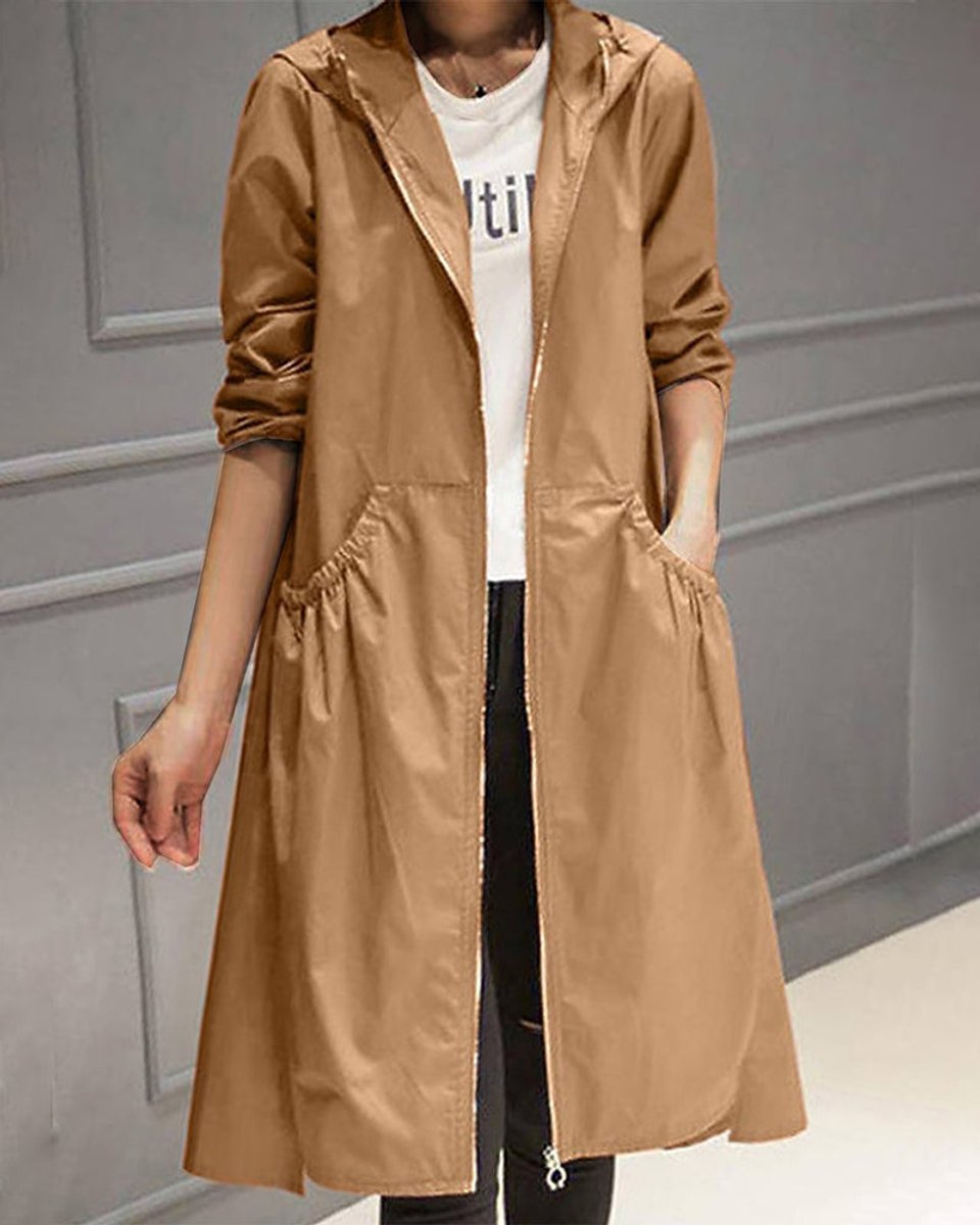 Brown Women's Hooded Waterproof Long Trench Coat with Relaxed A-Line Fit