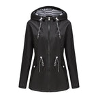 Black Women's Rain Jacket With Hood — Scarlett Everyday Waterproof Parka - Flatlay Dark