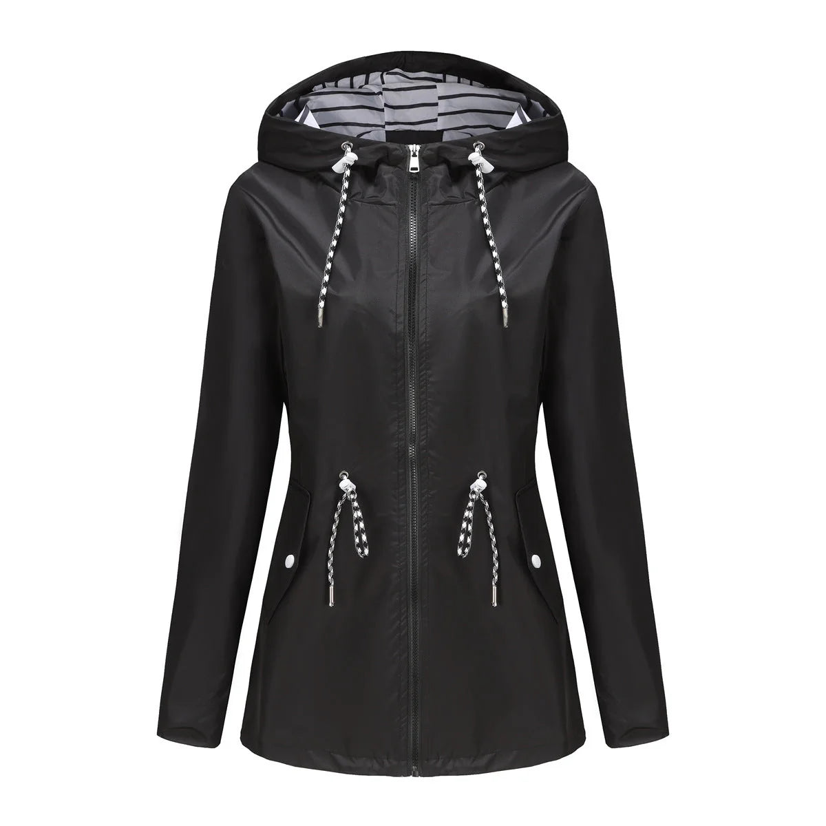 Black Women's Rain Jacket With Hood — Scarlett Everyday Waterproof Parka - Flatlay Dark