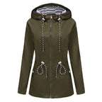 Military Green Green Women's Rain Jacket With Hood — Scarlett Everyday Waterproof Parka - Flatlay Olive