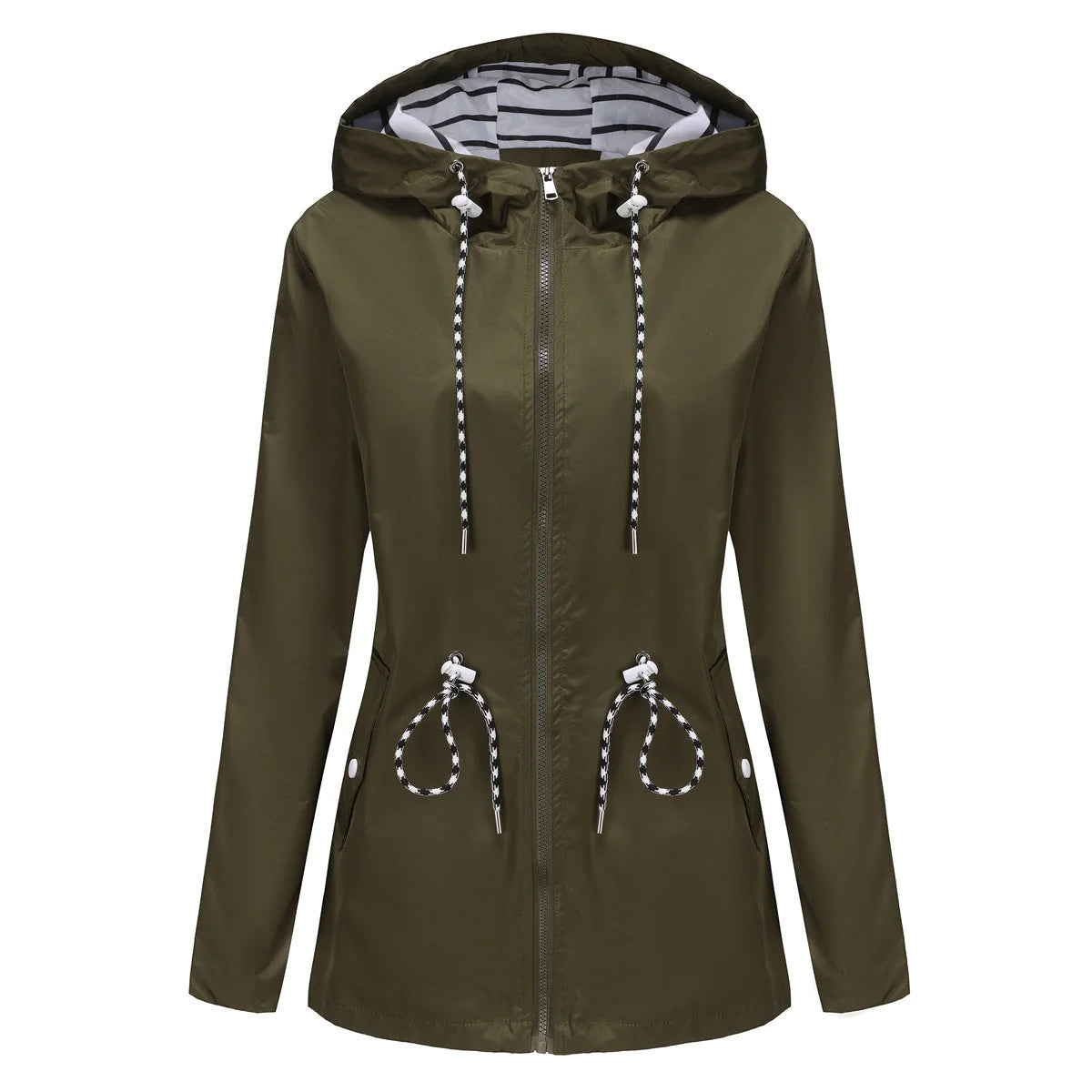 Military Green Green Women's Rain Jacket With Hood — Scarlett Everyday Waterproof Parka - Flatlay Olive