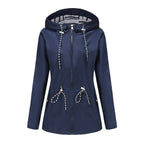 Navy Blue Women's Rain Jacket With Hood — Scarlett Everyday Waterproof Parka - Flatlay