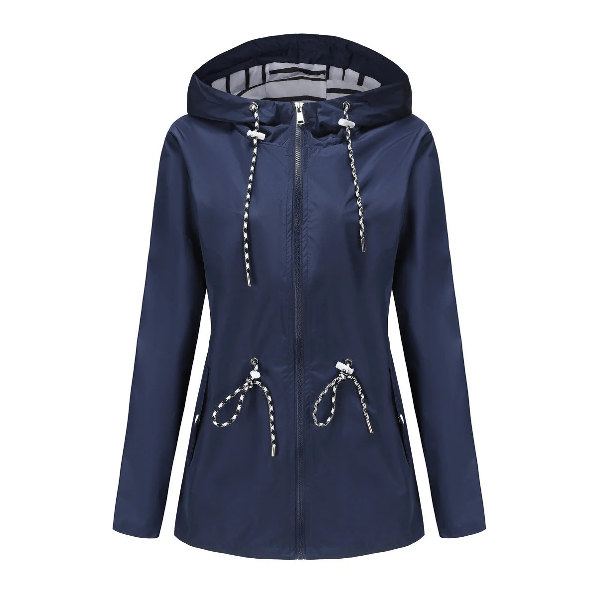 Navy Blue Women's Rain Jacket With Hood — Scarlett Everyday Waterproof Parka - Flatlay
