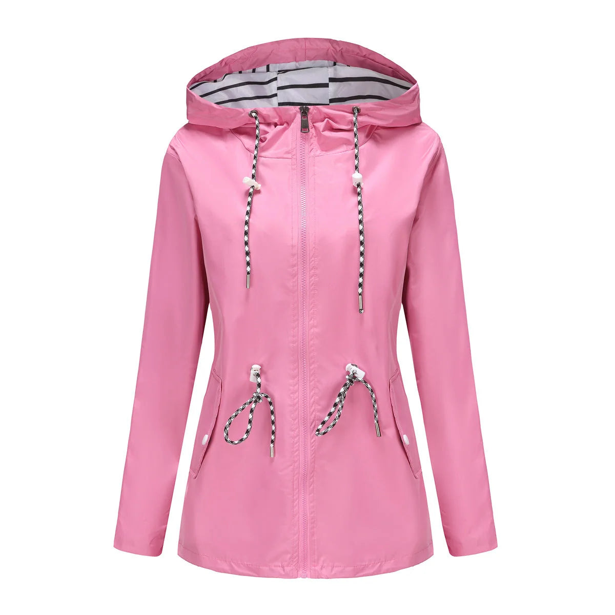 Pink Women's Rain Jacket With Hood — Scarlett Everyday Waterproof Parka - Flatlay